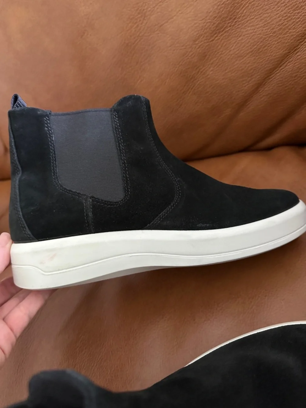 Ecco EU 38 Black Suede Chelsea Bootie with White Sole